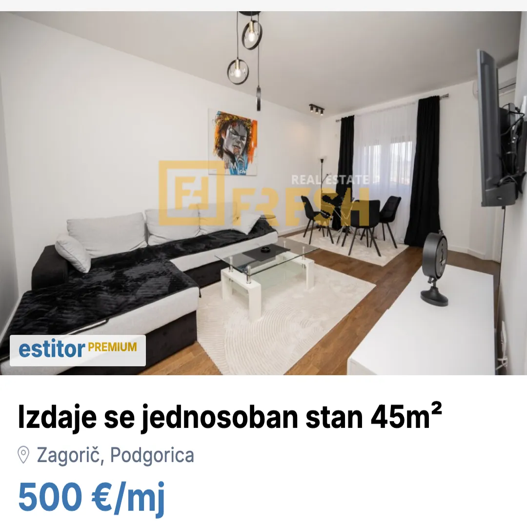 Izdavanje, jednosoban stan, 45m², Zagorič, Podgorica