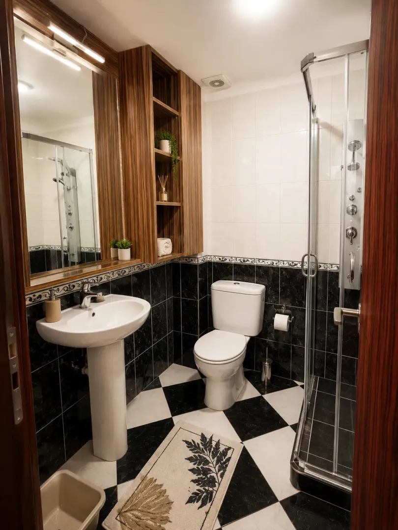 Moderno opremljeno kupatilo sa tuš kabinom, umivaonikom i WC šoljom.