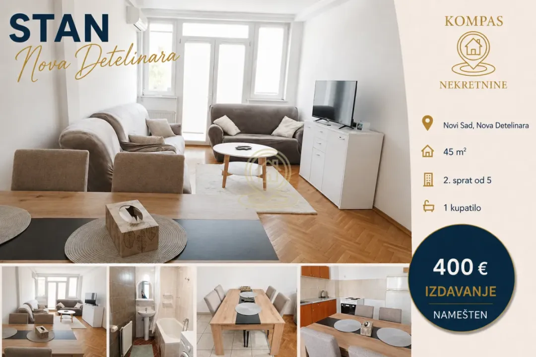 Izdavanje, jednosoban stan, 45m², Nova Detelinara, Novi Sad Sve Podlokacije
