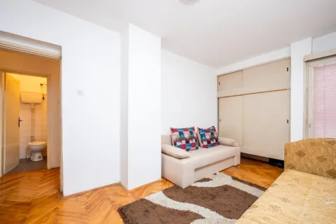 Dnevna soba sa kaučem, ugradnim plakarom i pogledom na kupatilo u pozadini. - image 8