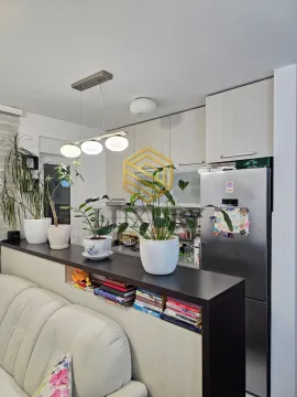Pogled iz dnevne sobe prema otvorenoj kuhinji sa radnim pultom i saksijama cvijeća. - image 6