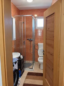 Small bathroom with a shower cabin, washbasin, and toilet. - image 9