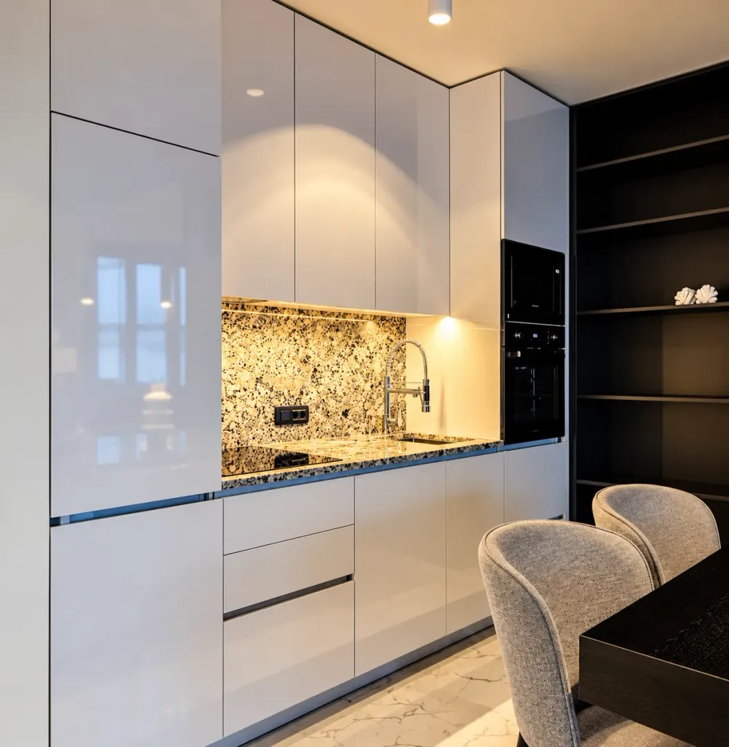 Modern kitchen with white cabinetry and built-in appliances.