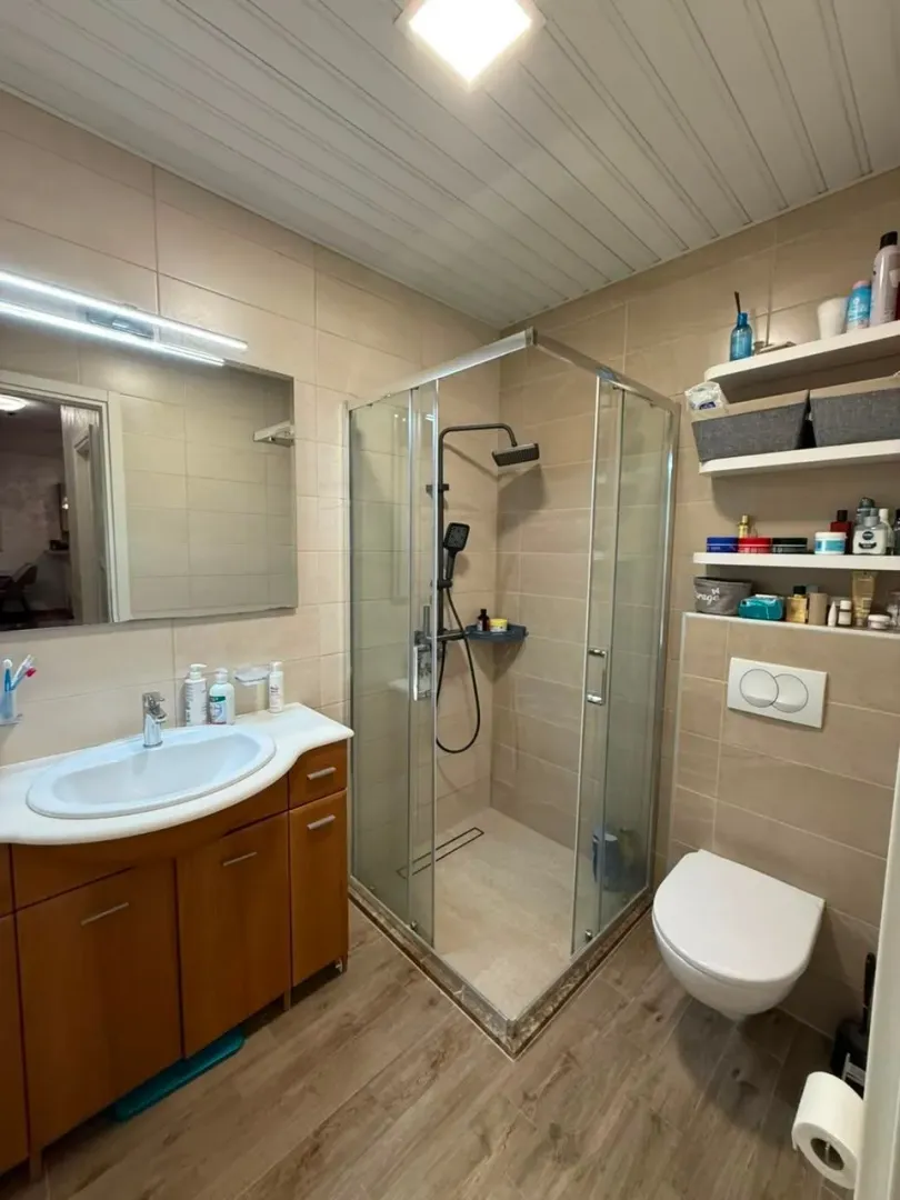 Kupatilo sa tuš kabinom, umivaonikom i wc šoljom.