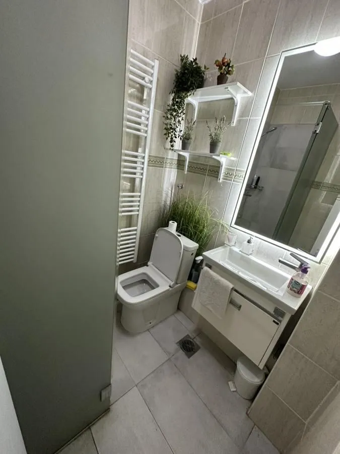 Manje kupatilo sa wc šoljom, umivaonikom, ogledalom i tuš kabinom.