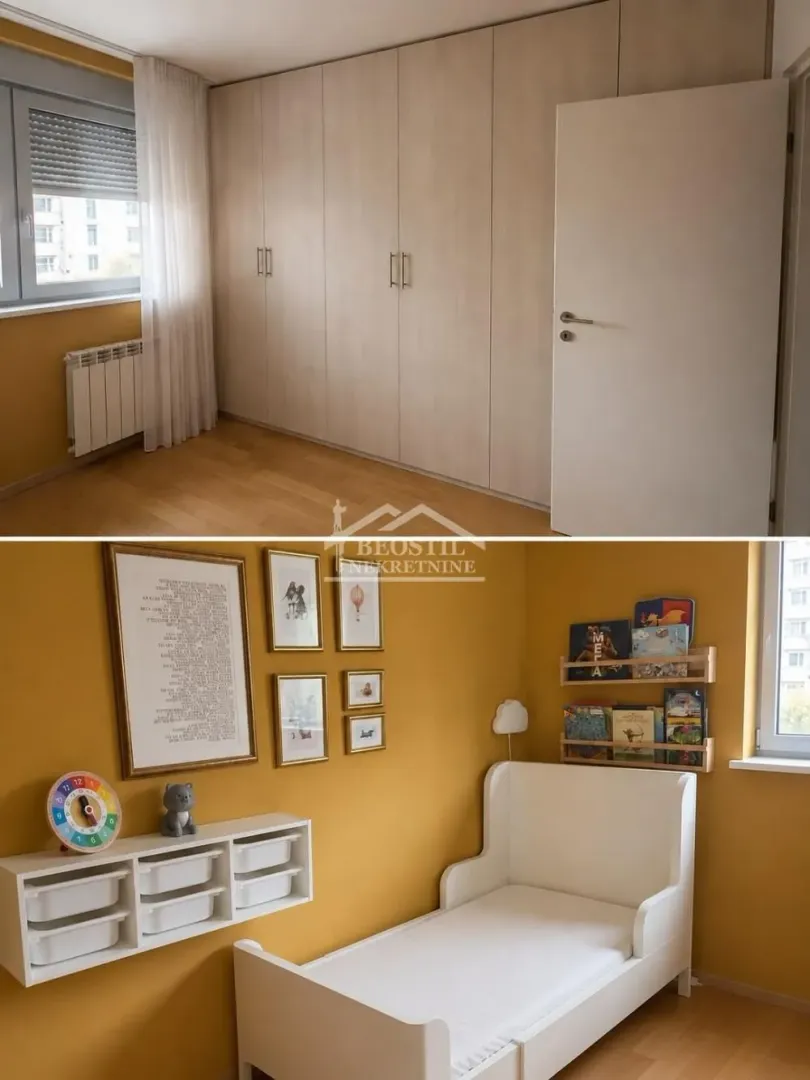Dečja soba sa krevetom, ugradnim plakarom i žutim zidovima.