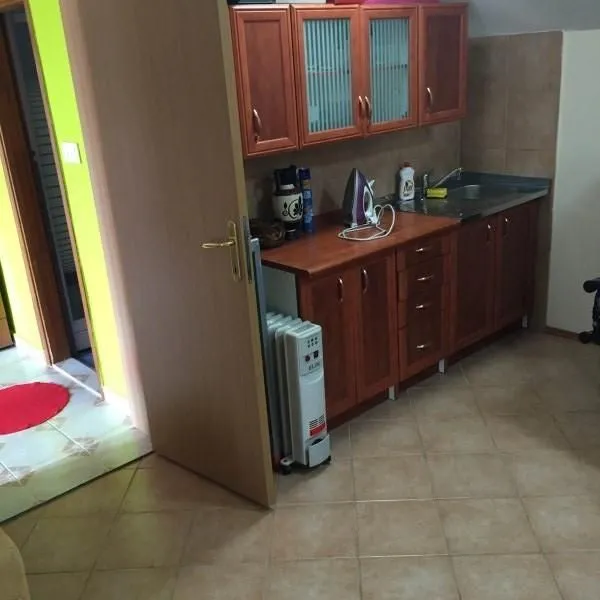 Jednostavna kuhinja sa drvenim elementima i pločicama na podu.