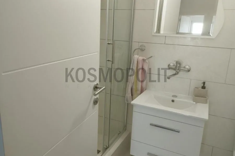 Manje kupatilo sa umivaonikom i tuš kabinom.