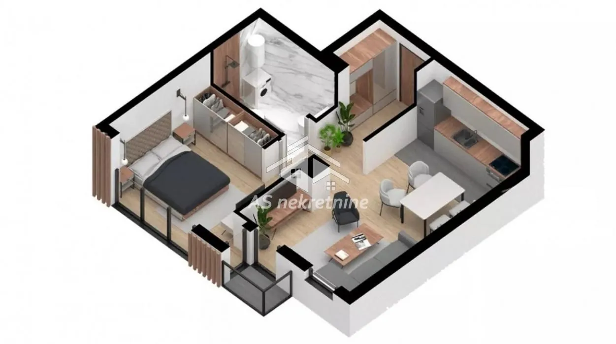 Three-dimensional floor plan of the apartment with furniture.