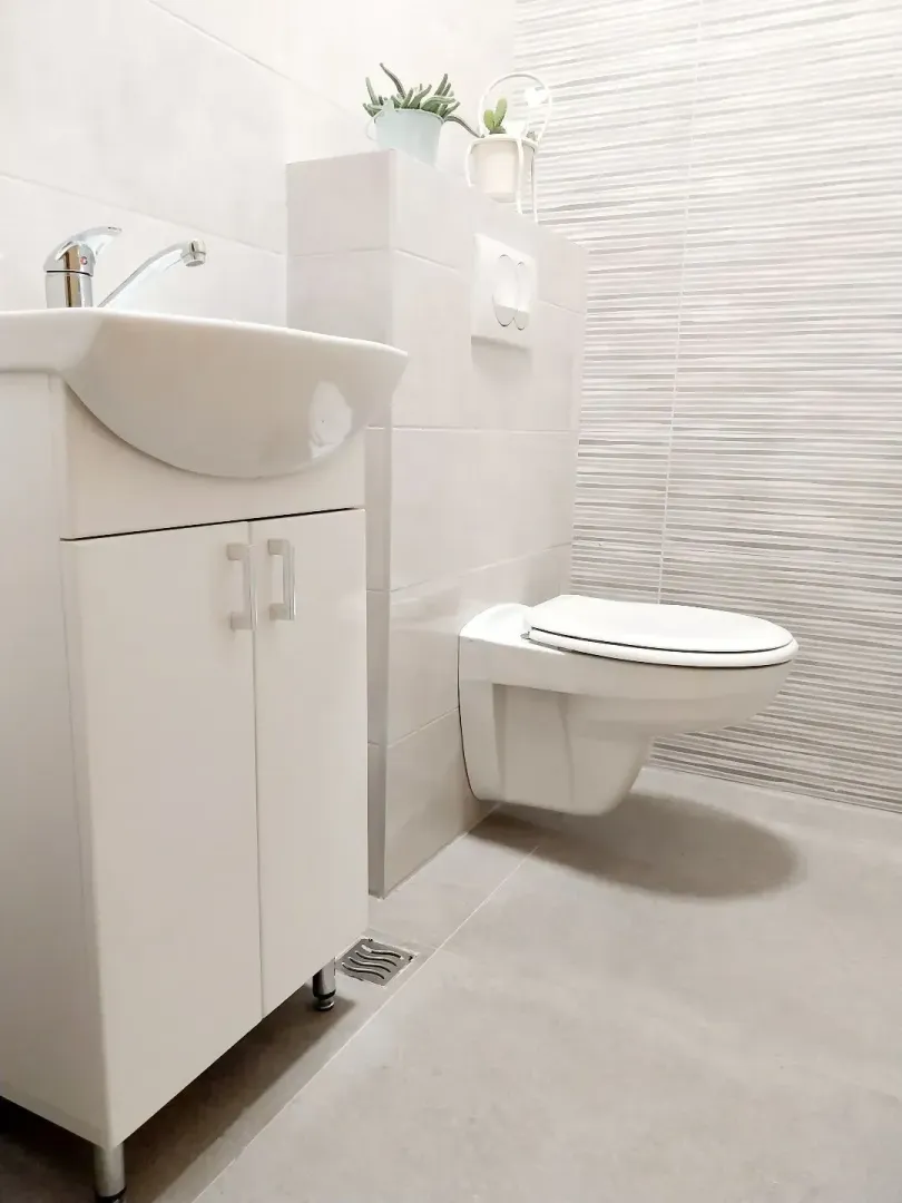 Modern and brightly decorated bathroom with a washbasin and toilet.