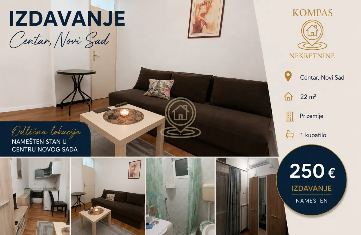 Izdavanje, jednosoban stan, 22m², Centar, Novi Sad