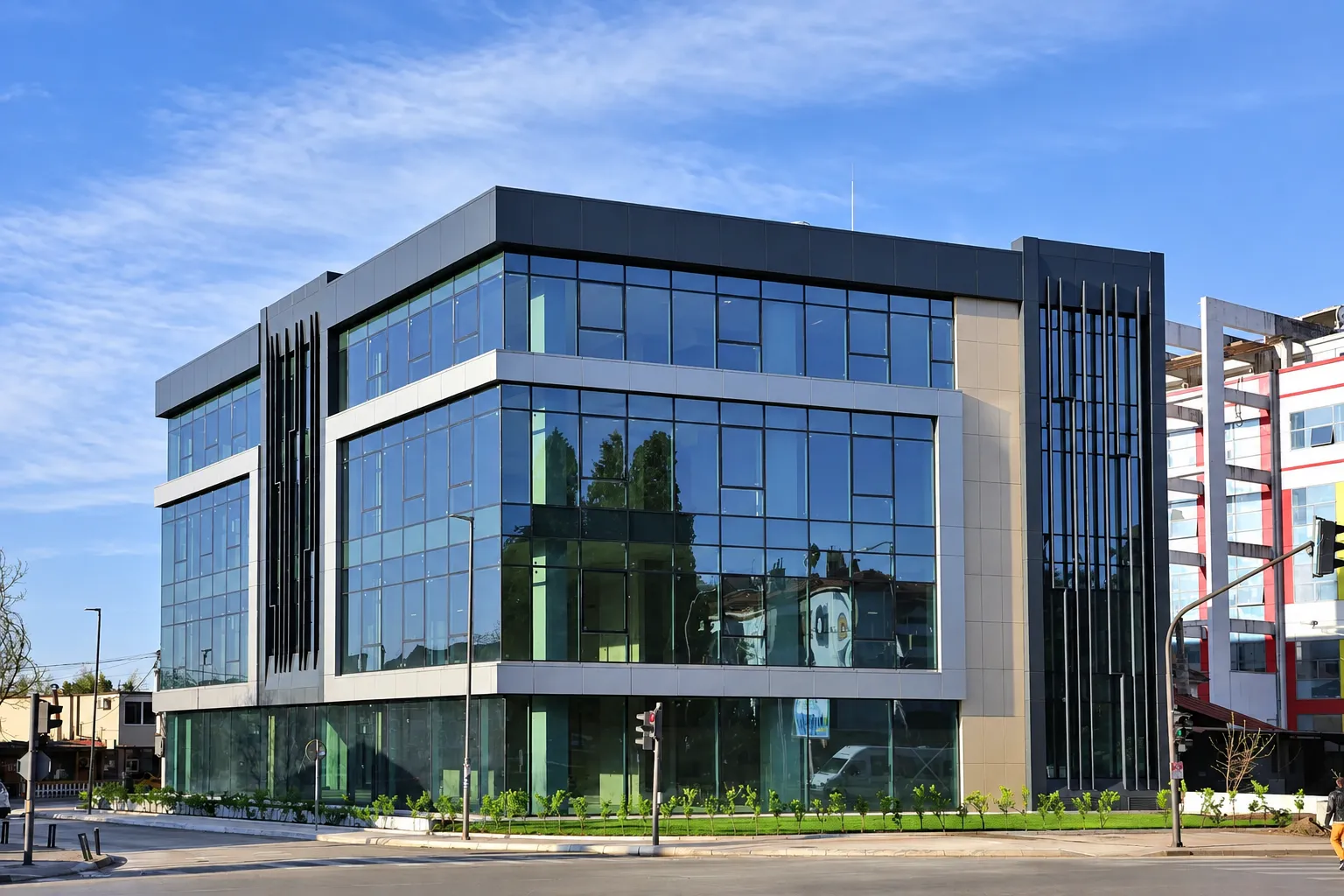 View of a modern commercial building with a glass facade and landscaped surroundings.
