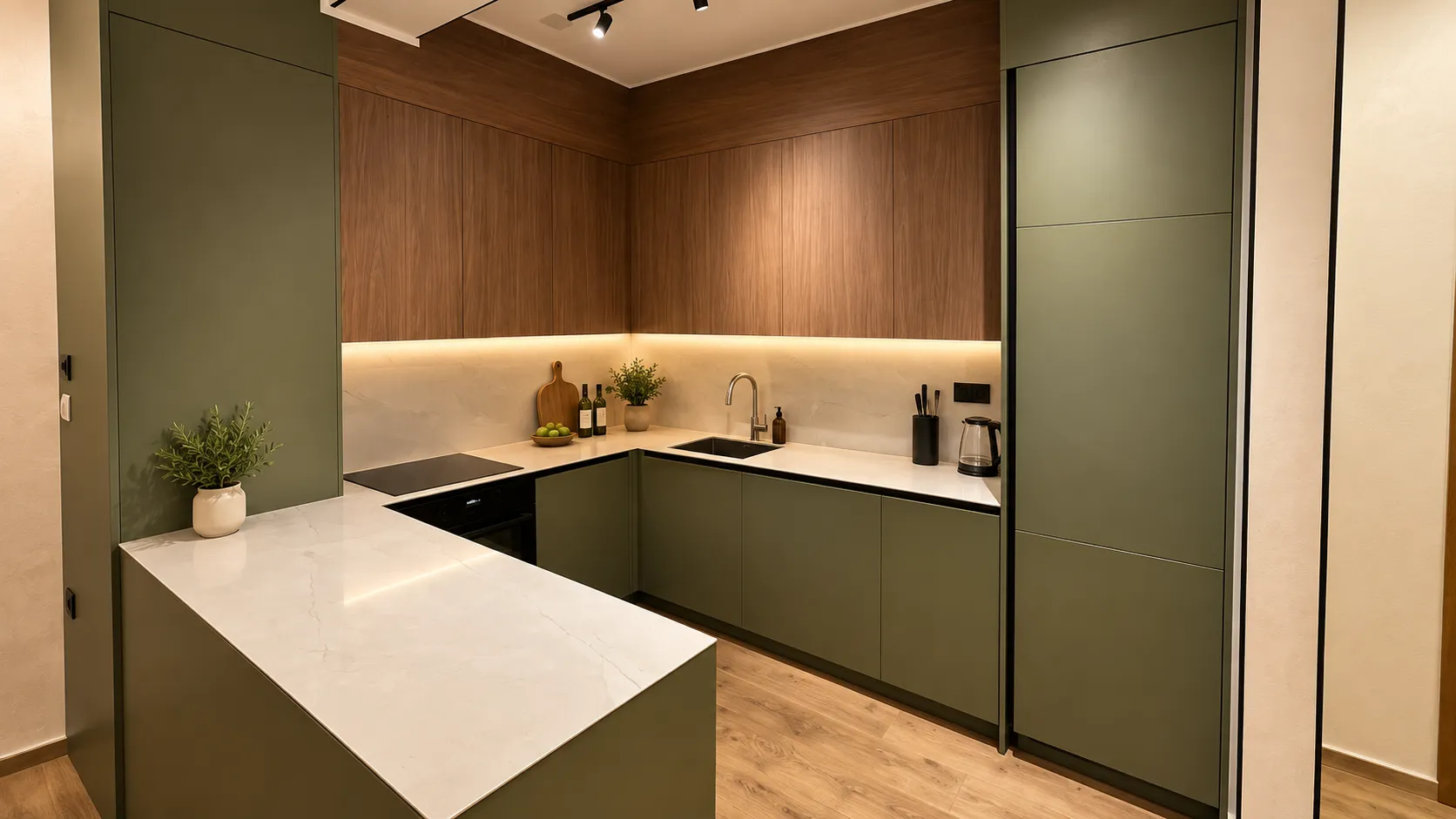 Modern kitchen with green cabinets and wooden finishes.