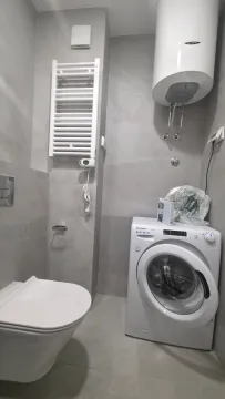 Modernly equipped bathroom with a washing machine and water heater. - image 7