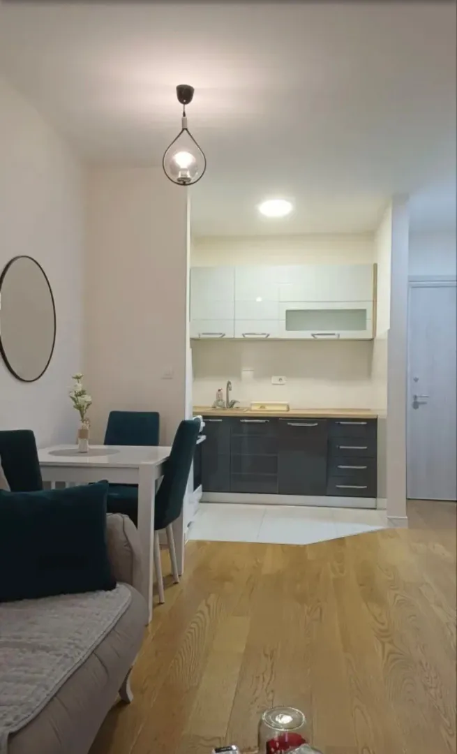 Dnevni boravak sa trpezarijom i kuhinjom u pozadini.