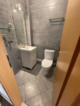 Pogled na moderno opremljeno kupatilo sa sivim pločicama, umivaonikom i wc šoljom. - image 5