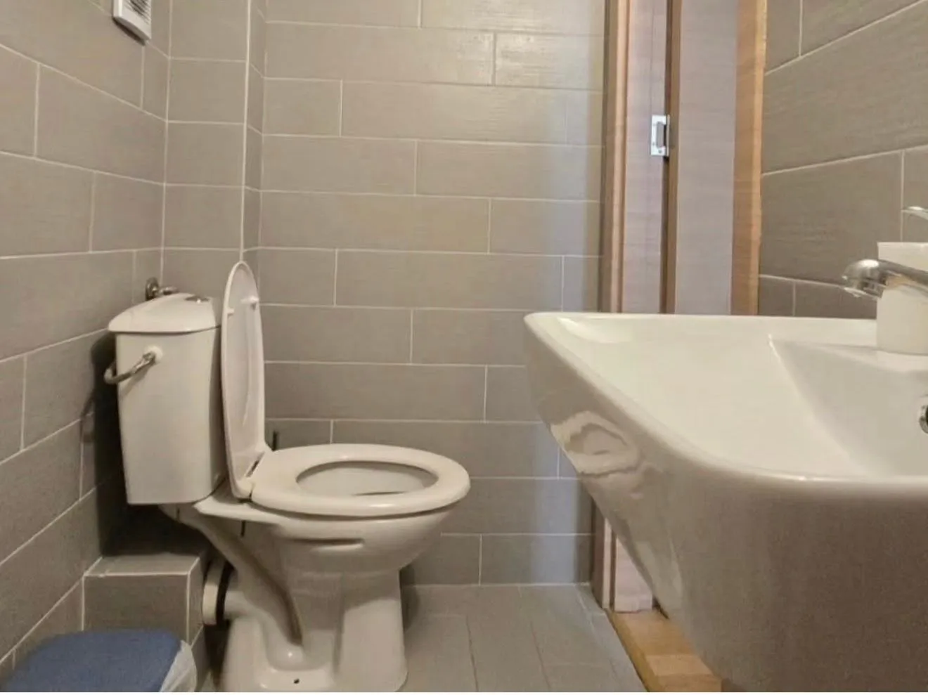 Small bathroom with grey tiles, toilet, and sink.