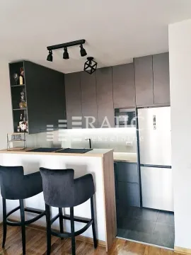 Modern kitchen with a bar counter and dark cabinetry. - image 3
