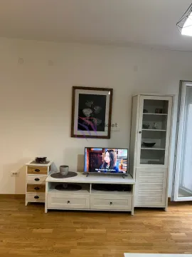 Dnevna soba sa belom komodom za TV, vitrinom i drvenim podom. - image 5
