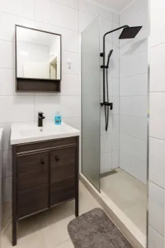 Modernly equipped bathroom with a walk-in shower and vanity unit. - image 8