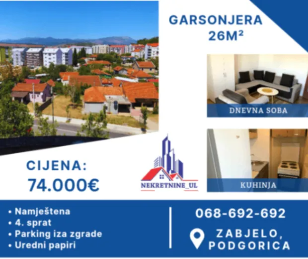 Prodaja, garsonjera, 26m², Zabjelo, Podgorica