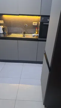 Moderna kuhinja sa sudoperom, ugradnom rernom i elementima u sivoj boji. - image 4