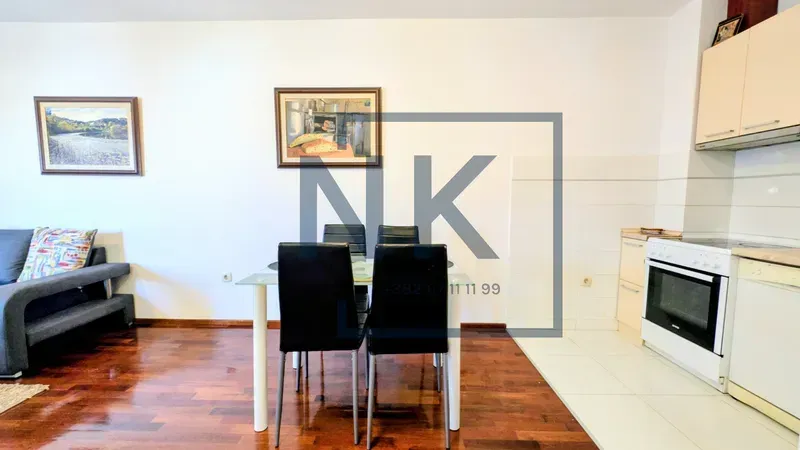 Living room with dining area and kitchen section.