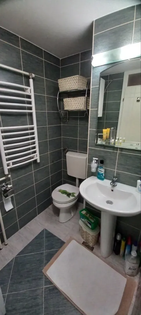Kupatilo opremljeno umivaonikom, WC šoljom, ogledalom i radijatorom za peškire.