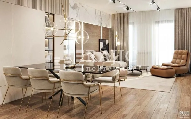 Modern living room interior with dining area.