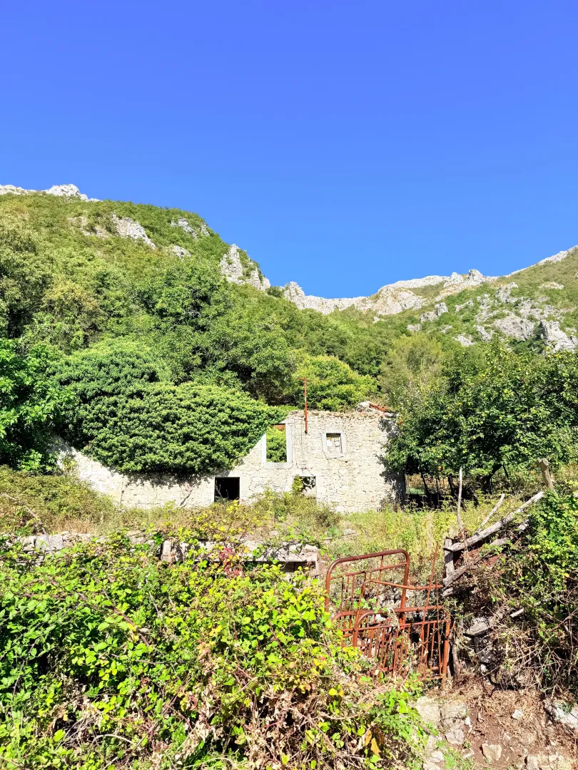 Ruševna kamena kuća u prirodi okružena zelenilom i brdima.