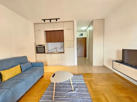Living room with a sofa, a small kitchen area, and a TV. - image 3