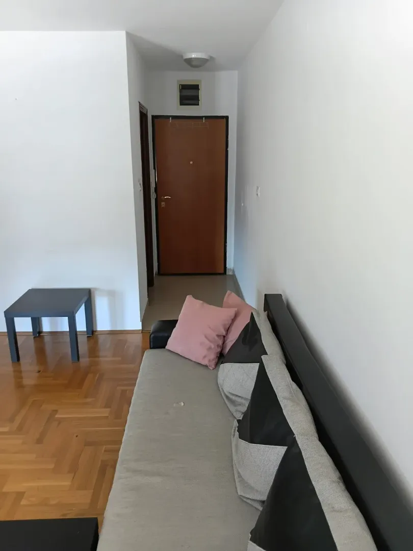 Dnevni boravak sa kaučem i ulaznim vratima u pozadini.