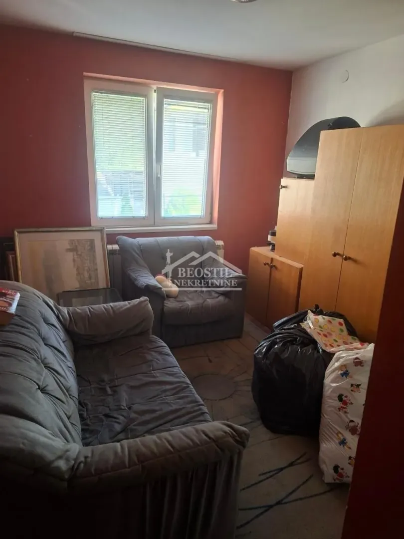 Smaller living room with a sofa, armchair, and wooden cabinets.