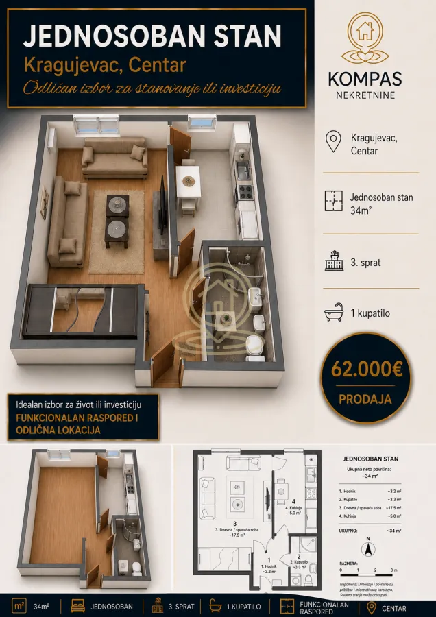 Sale, one bedroom apartment, 34m², Centar, Kragujevac
