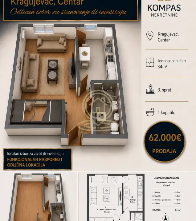 Sale, one bedroom apartment, 34m², Centar, Kragujevac