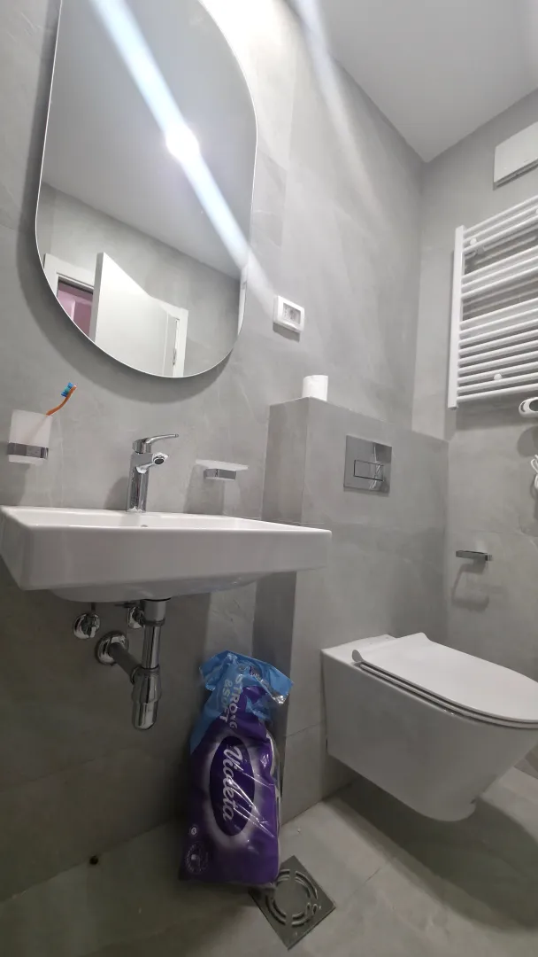 Modernly equipped bathroom with a washbasin and toilet bowl in grey tones.