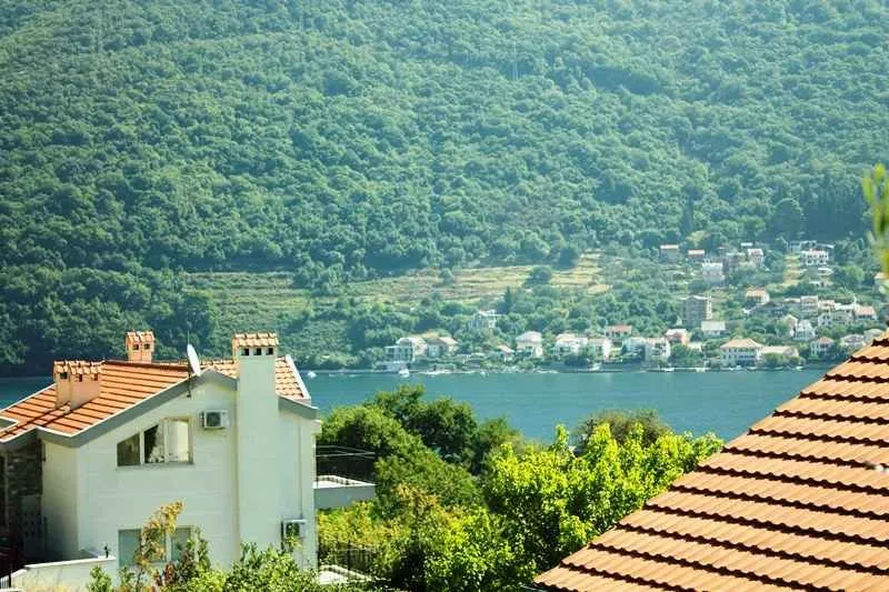 Pogled na more i okolne kuće sa zelenilom.