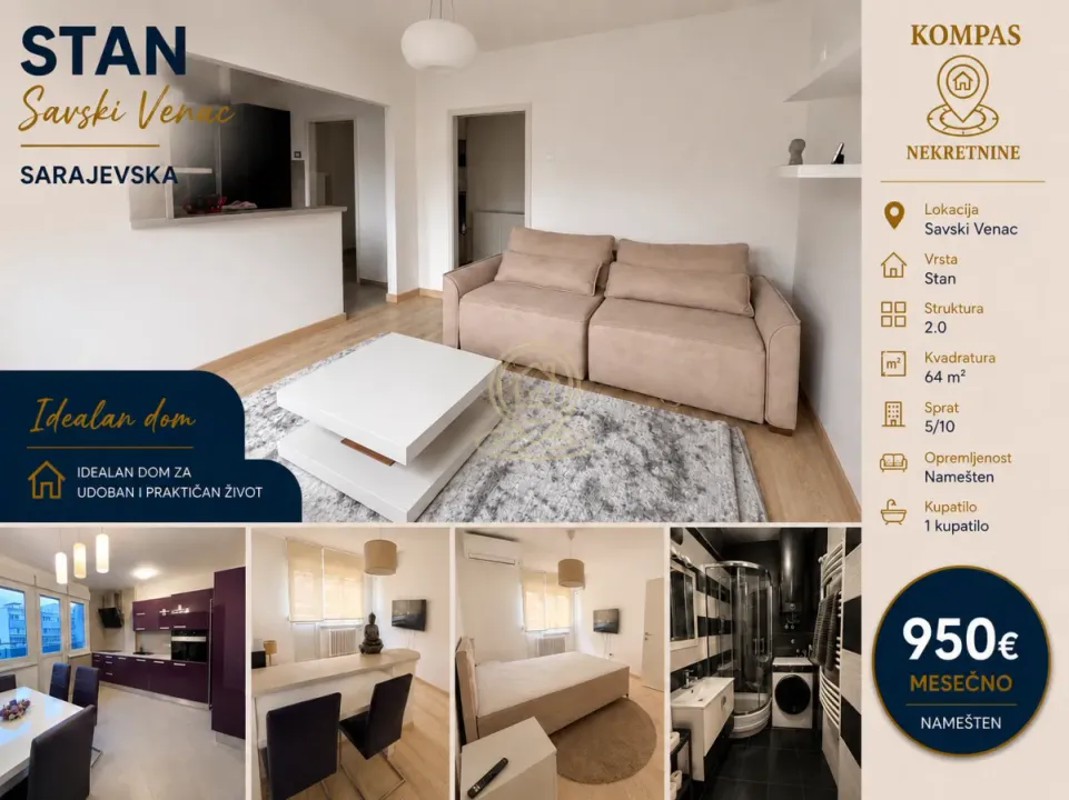 Rent, two bedroom apartment, 64m², Savski Venac, Beograd