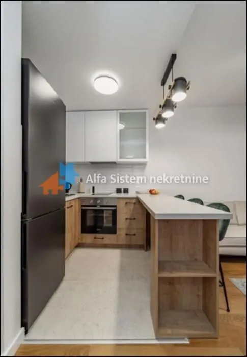 Modern kitchen with wooden cabinetry, a black refrigerator, and a bar counter.