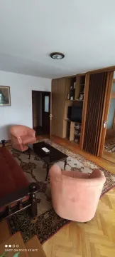Dnevna soba sa garniturom za sjedjenje, drvenim regalom i tepihom. - image 3