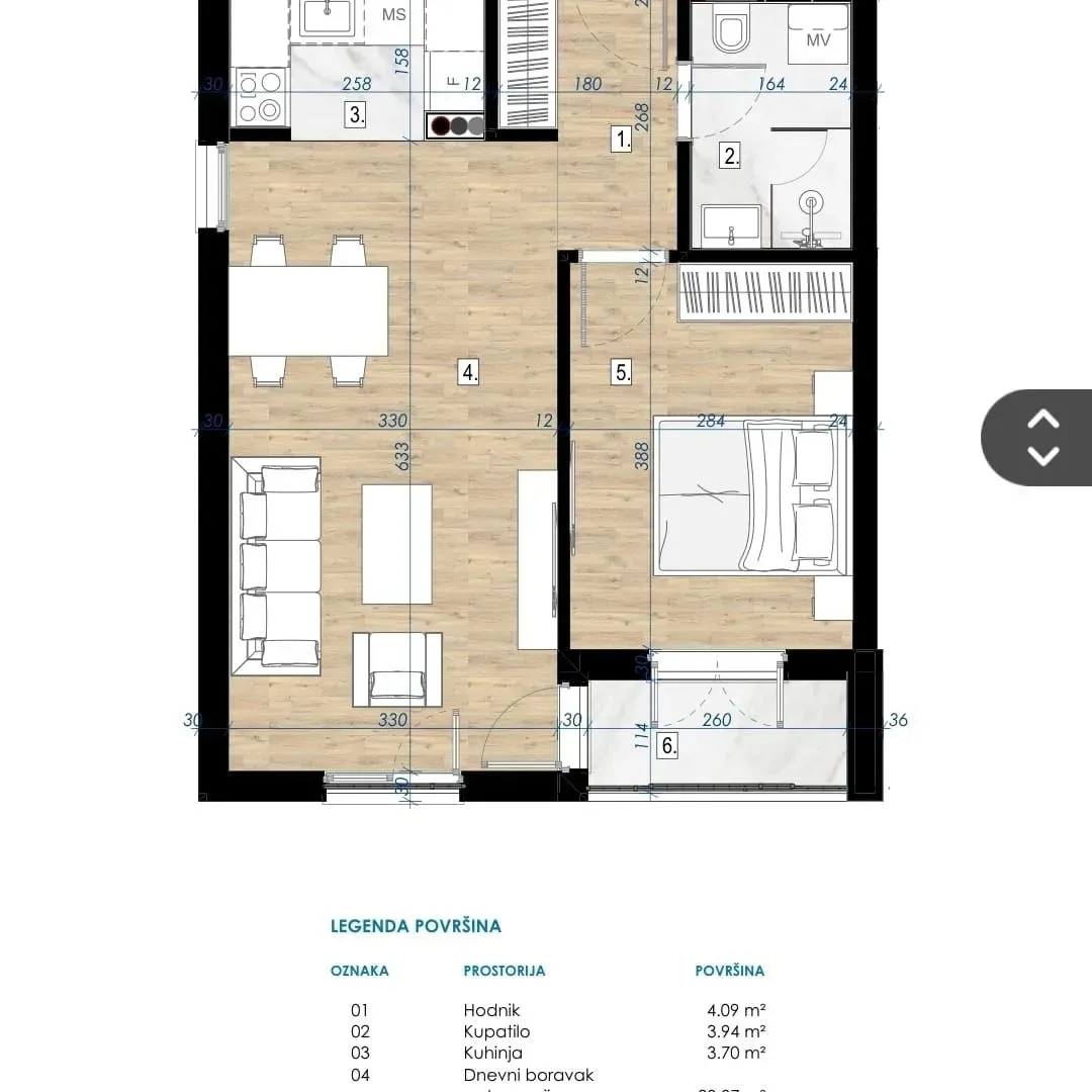 Prodaja, jednosoban stan, 46m², Dahna, Podgorica