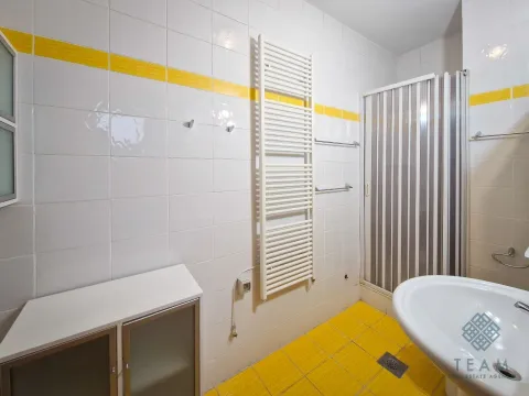 Kupatilo sa bijelim pločicama, žutim detaljima, tuš kabinom i umivaonikom. - image 6