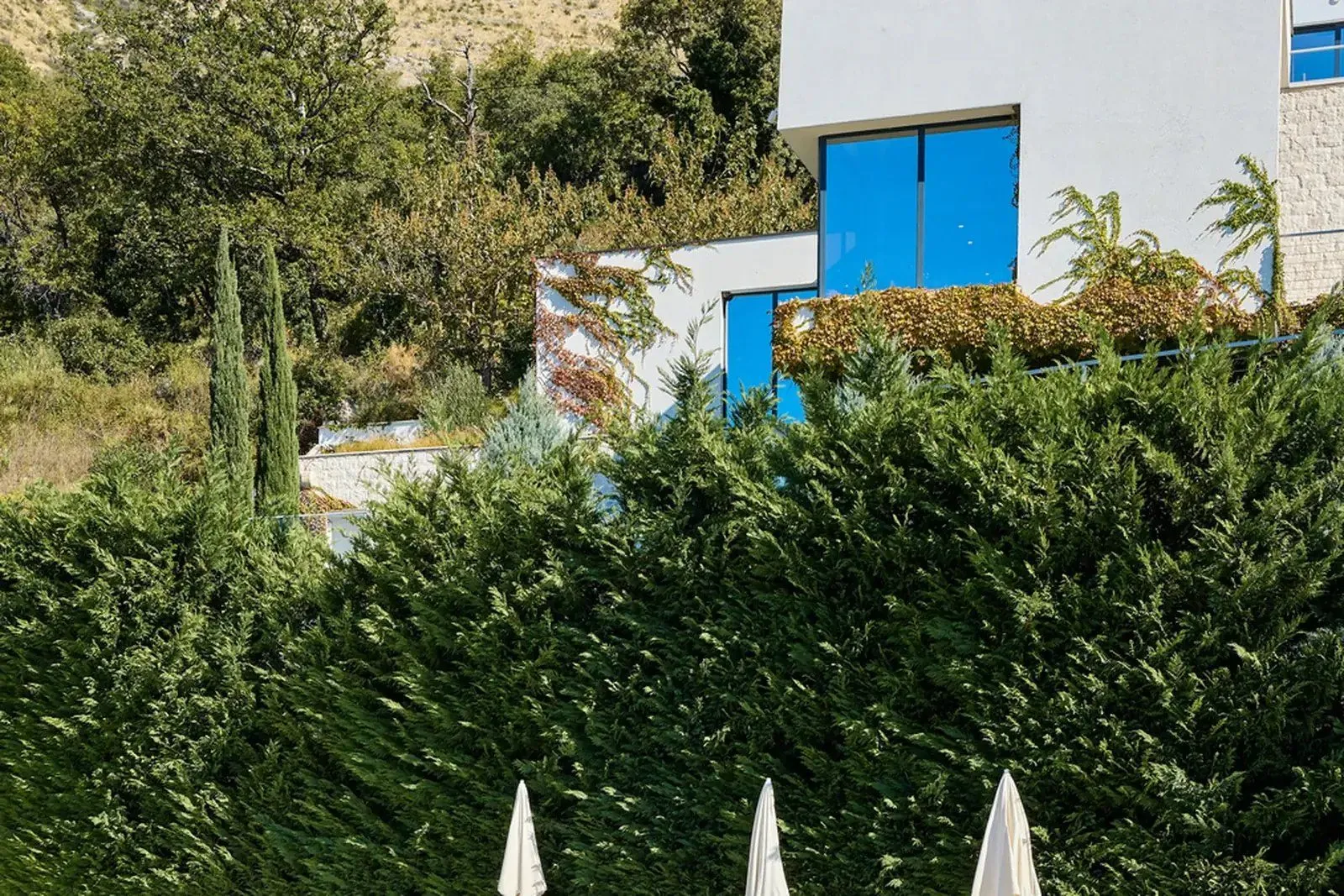 Eksterijer moderne kuće okružene zelenilom i drvećem.
