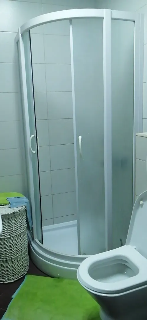 Bathroom with a shower cabin and a toilet.