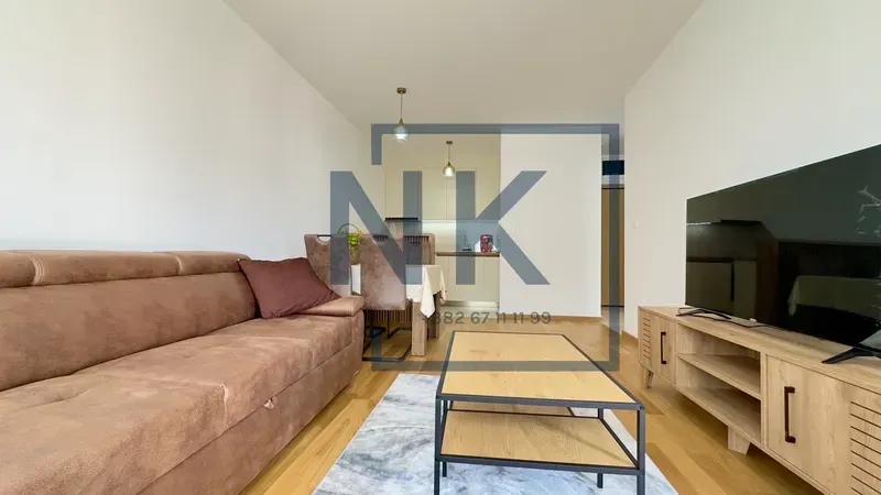 Living room with a sofa, TV, and dining area in the background.