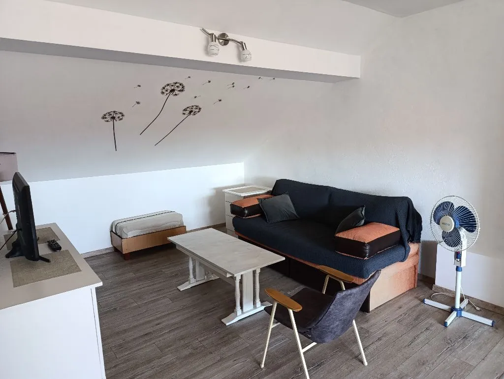 Living room with sofa, coffee table and TV unit in the attic.
