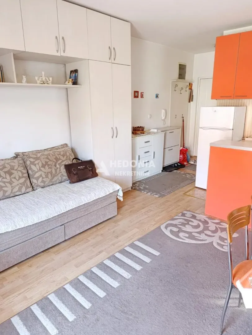 Living room with a sofa, built-in wardrobes, and a kitchen area.