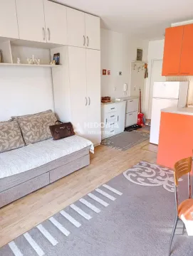 Living room with a sofa, built-in wardrobes, and a kitchen area. - image 6
