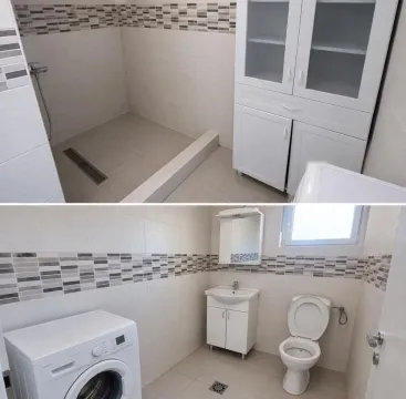 Kombinovani prikaz modernog kupatila sa tuš kabinom, sanitarijama i bijelim elementima. - image 8