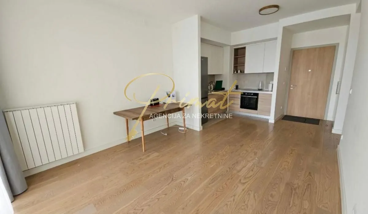 Living room with a kitchen and a dining table in the apartment.